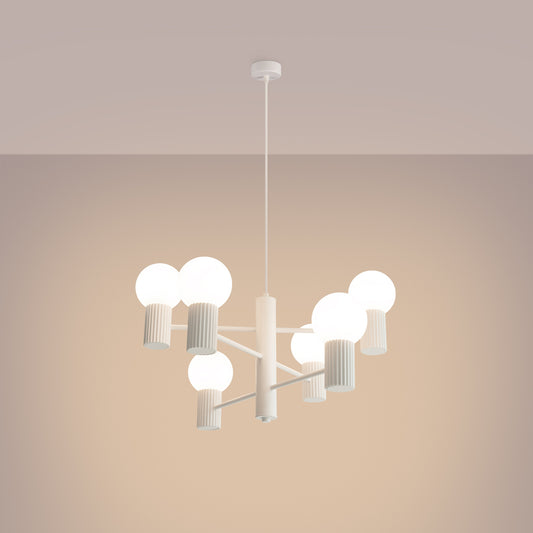 White 6 Light Glass Globe Chandelier switched on in modern UK home interior, warm LED glow