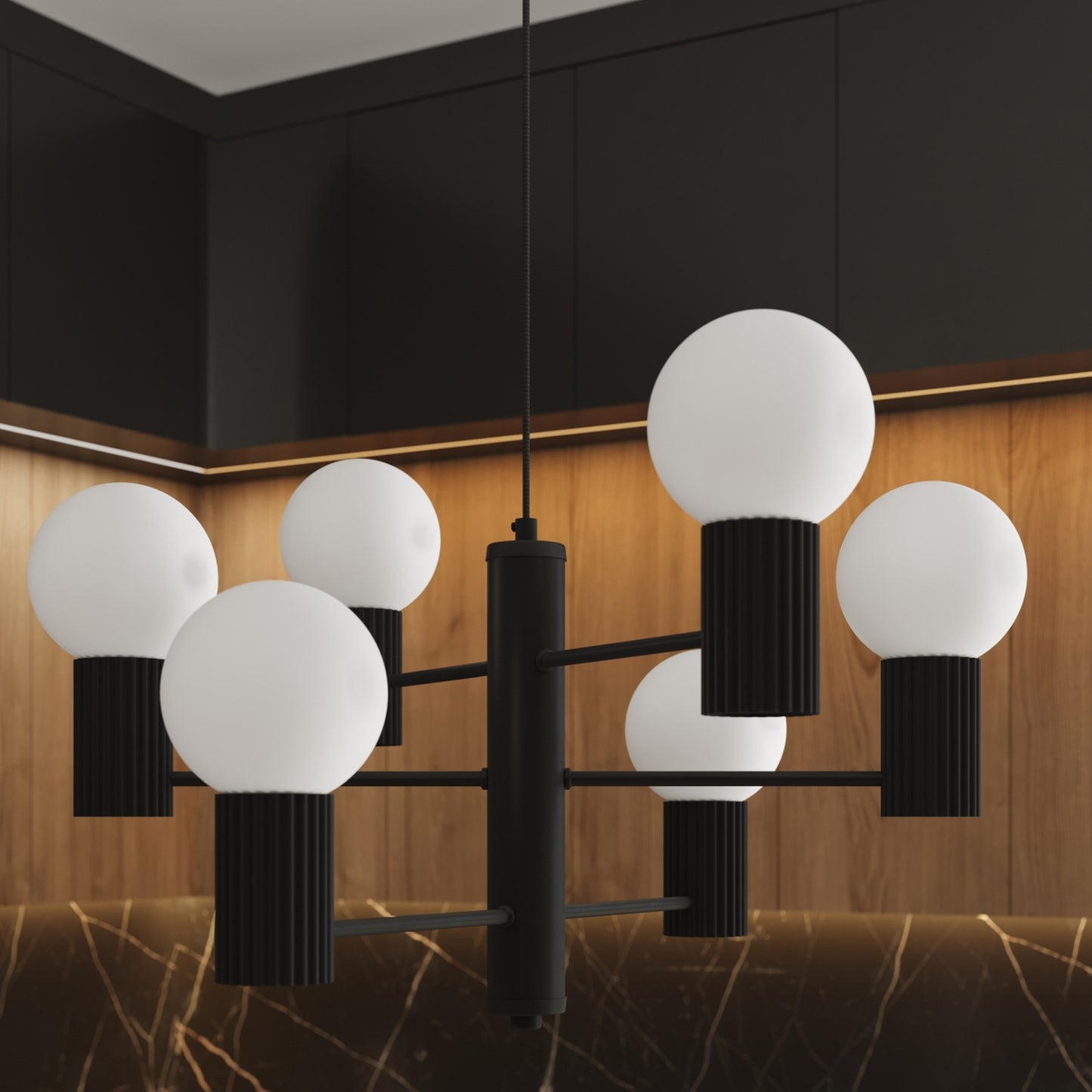 White 6 Light Glass Globe Chandelier technical view and dimensions reference