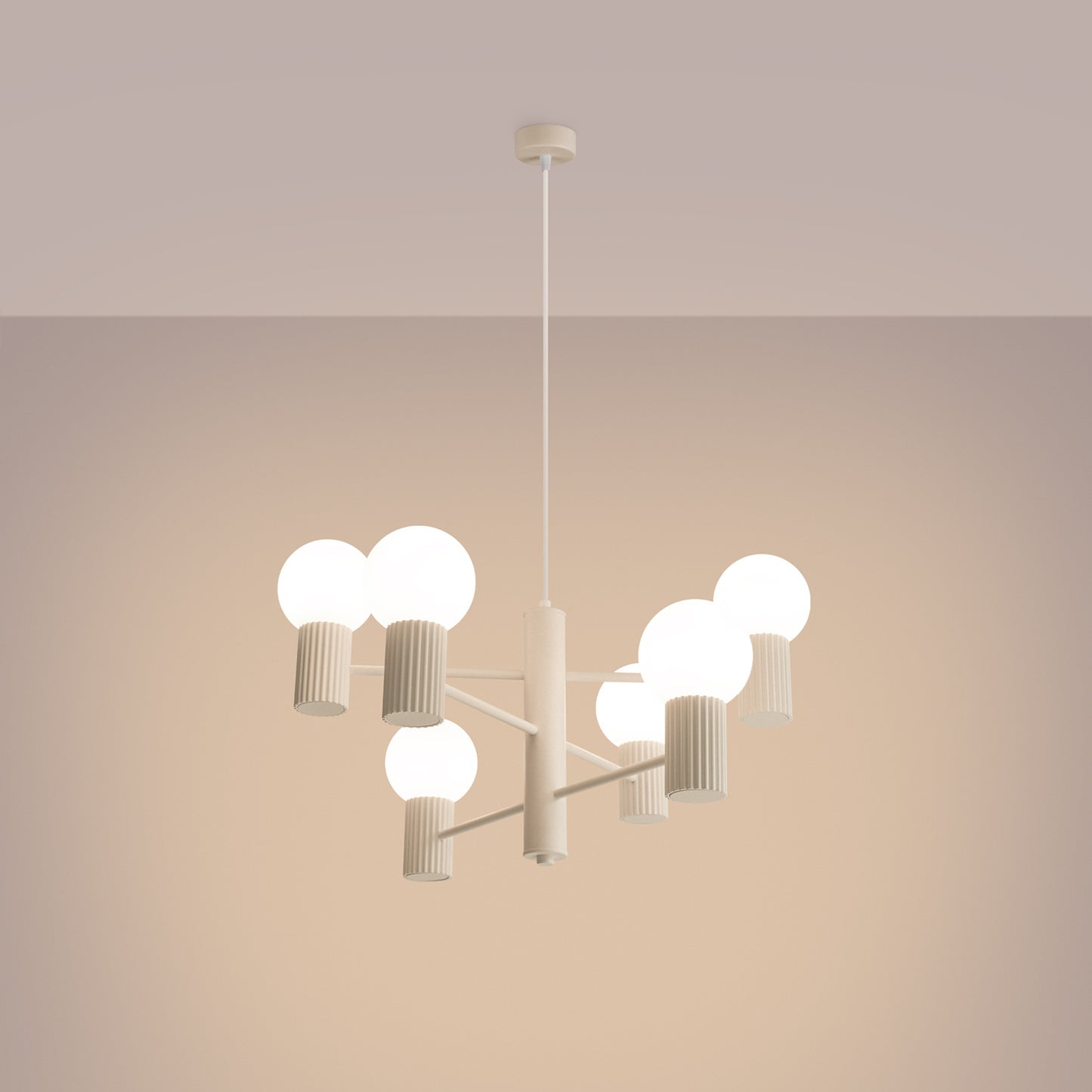 Beige 6 Light Glass Globe Chandelier switched on in modern UK home interior, warm LED glow