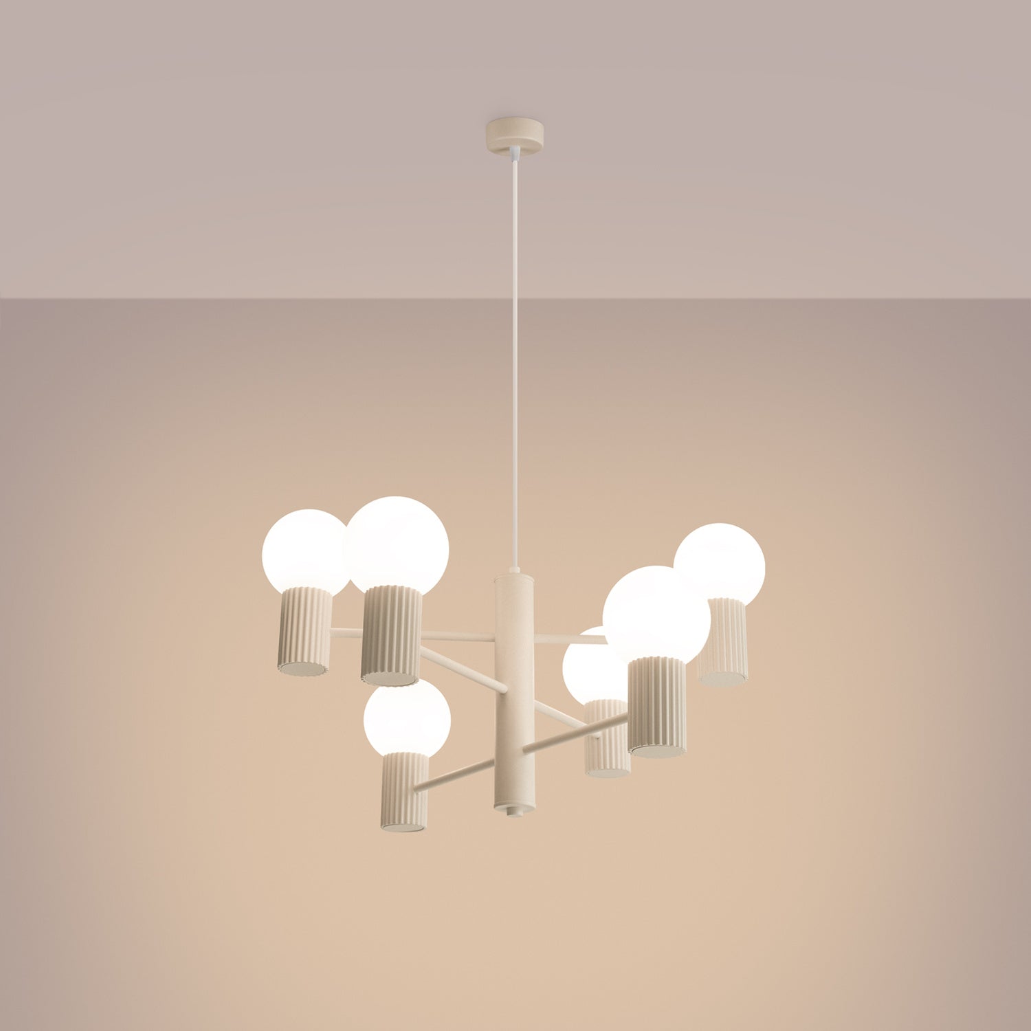 Beige 6 Light Glass Globe Chandelier switched on in modern UK home interior, warm LED glow