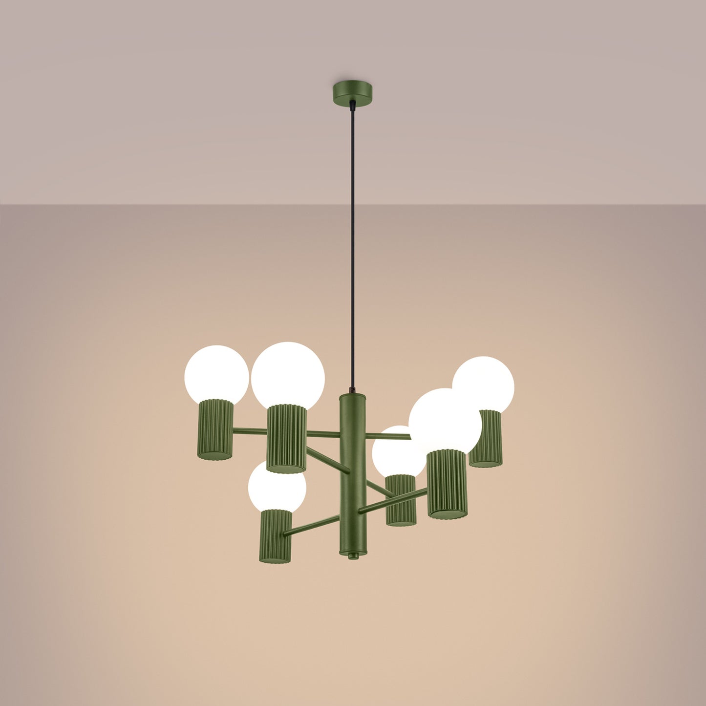 Olive Green 6 Light Glass Globe Chandelier switched on in modern UK home interior, warm LED glow