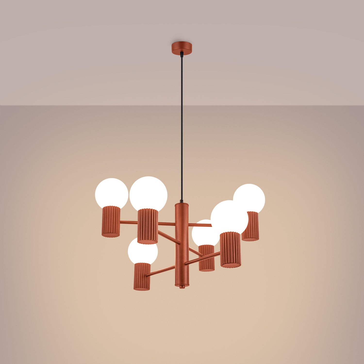 Red Ochre 6 Light Glass Globe Chandelier switched on in modern UK home interior, warm LED glow