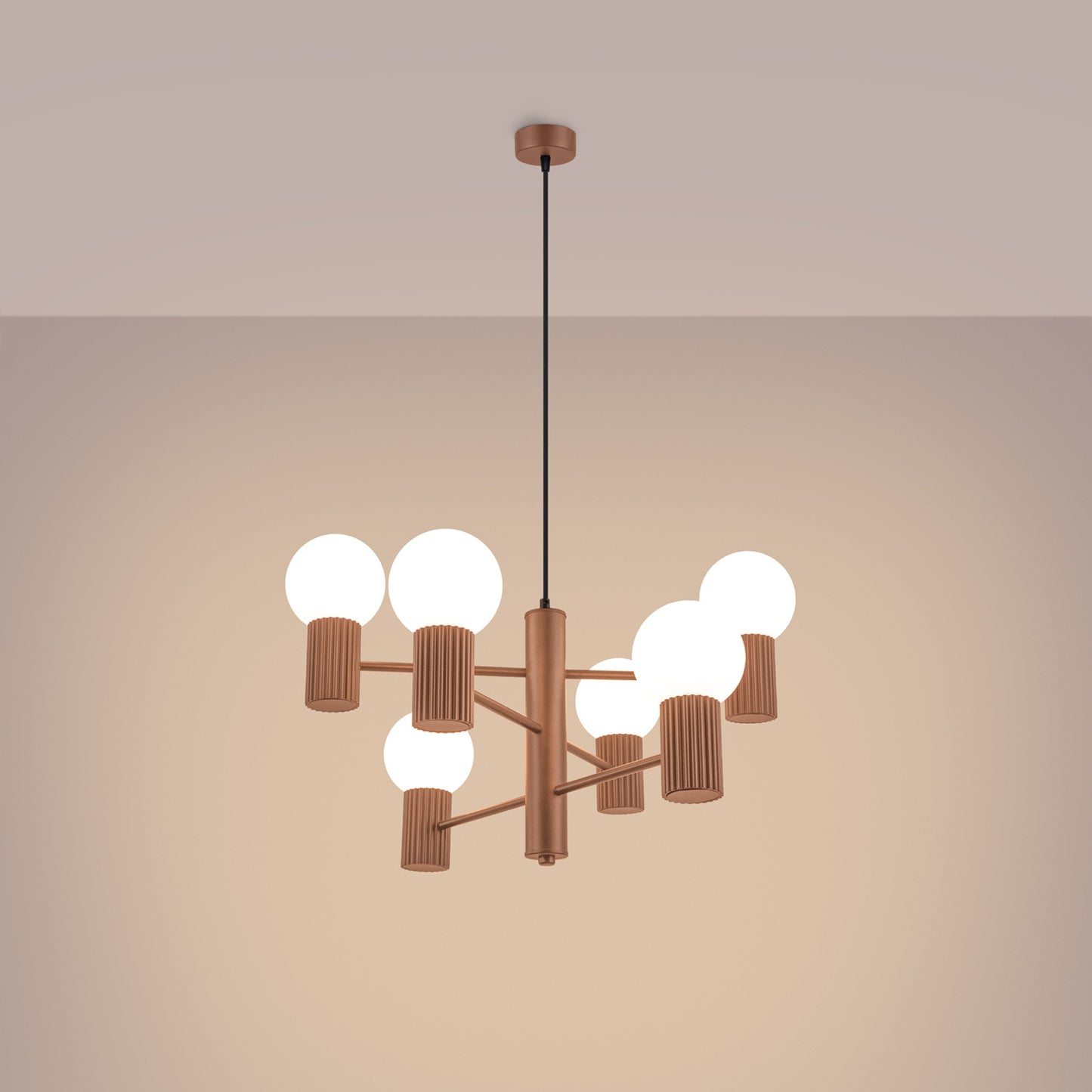 Mocha 6 Light Glass Globe Chandelier switched on in modern UK home interior, warm LED glow