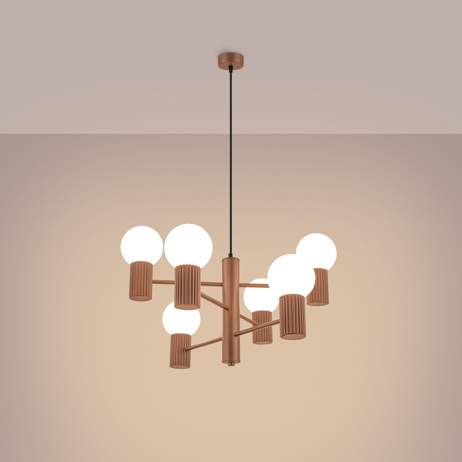 Mocha 6 Light Glass Globe Chandelier switched on in modern UK home interior, warm LED glow