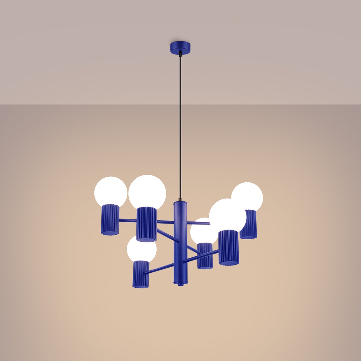 Ultramarine 6 Light Glass Globe Chandelier switched on in modern UK home interior, warm LED glow