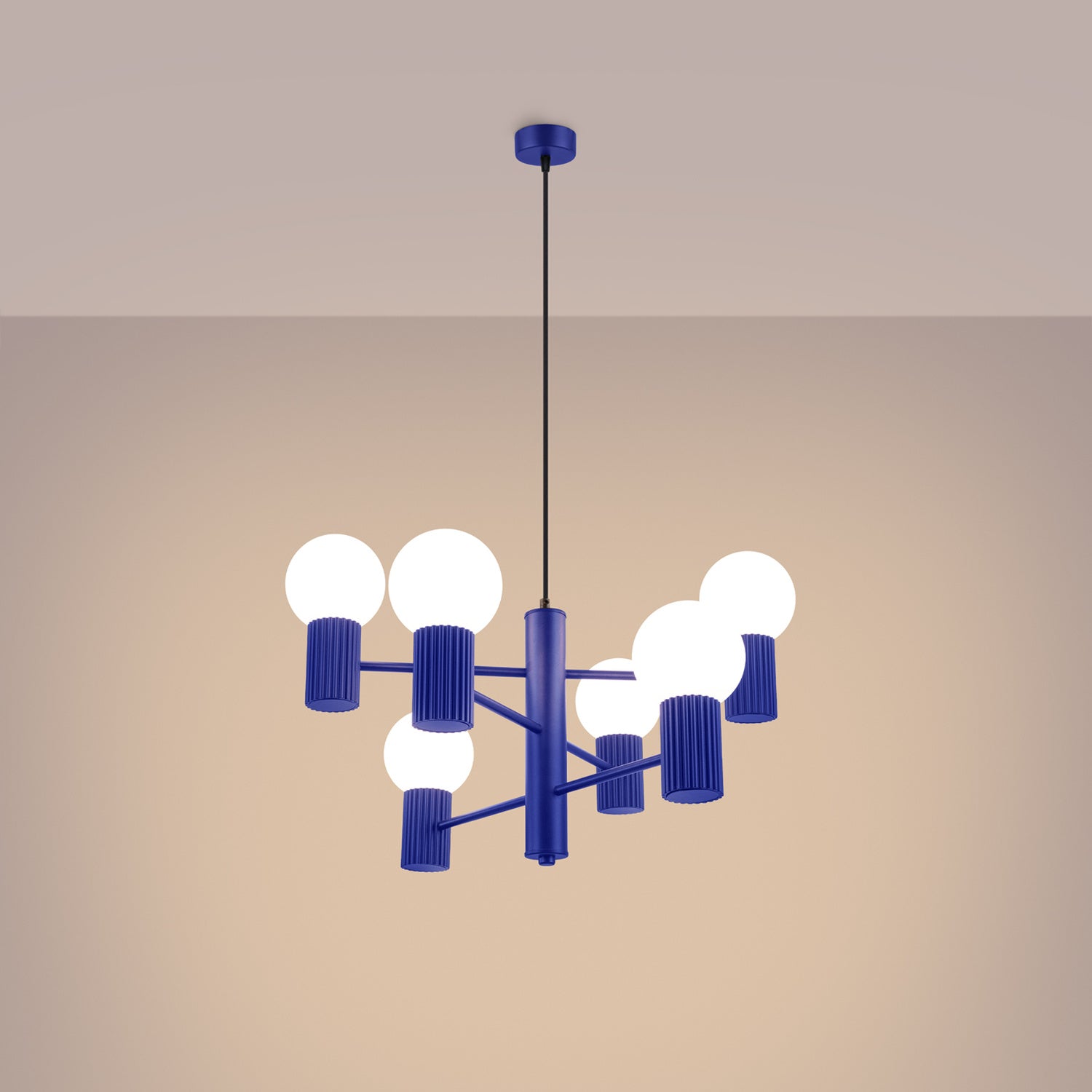 Ultramarine 6 Light Glass Globe Chandelier switched on in modern UK home interior, warm LED glow