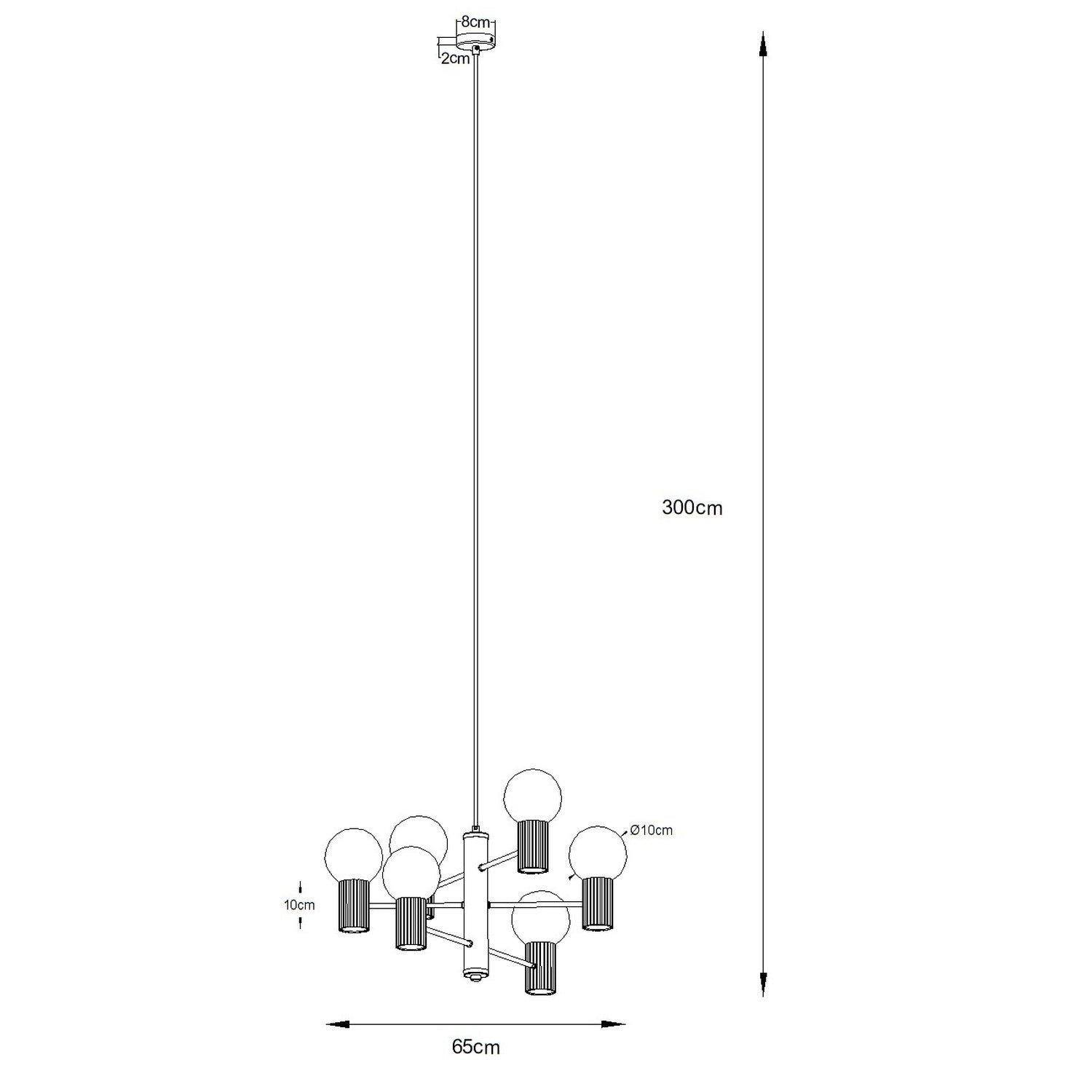 White 6 Light Glass Globe Chandelier technical view and dimensions reference