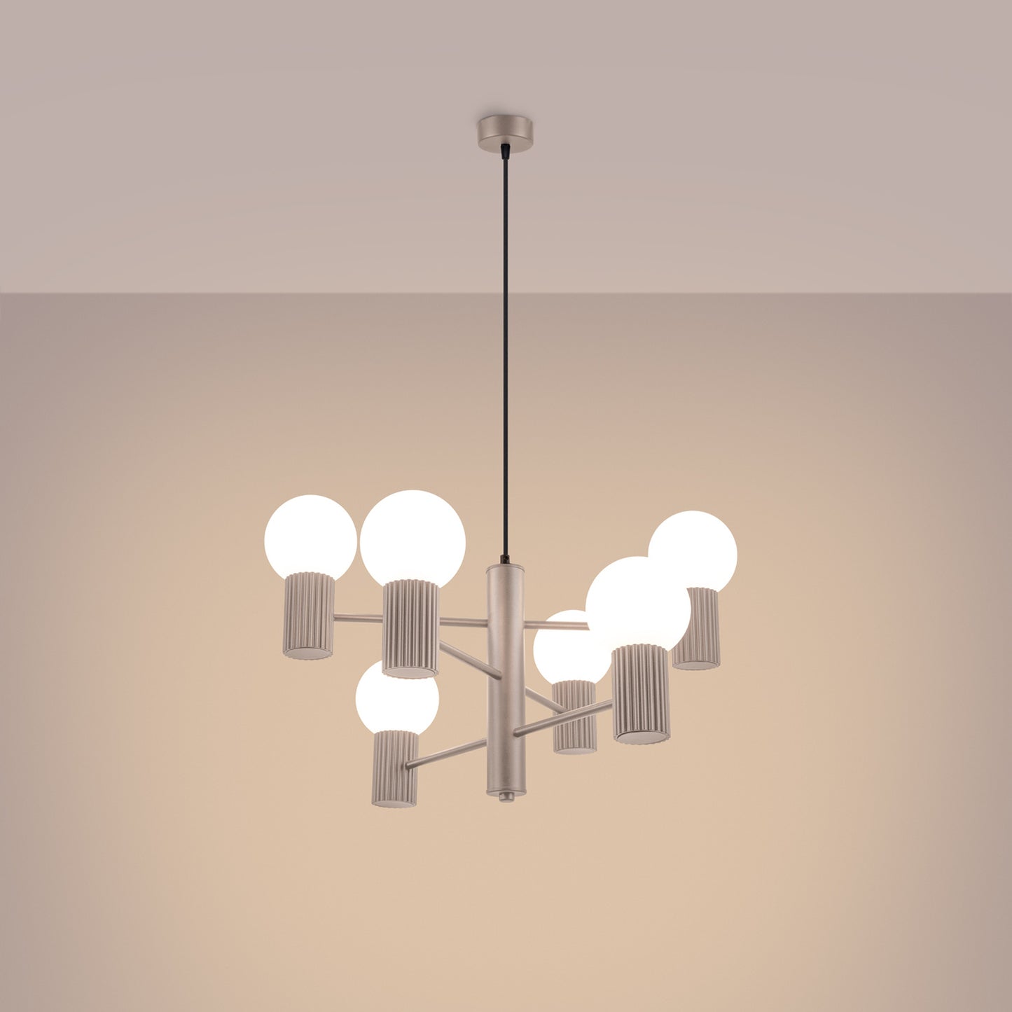 Taupe 6 Light Glass Globe Chandelier switched on in modern UK home interior, warm LED glow