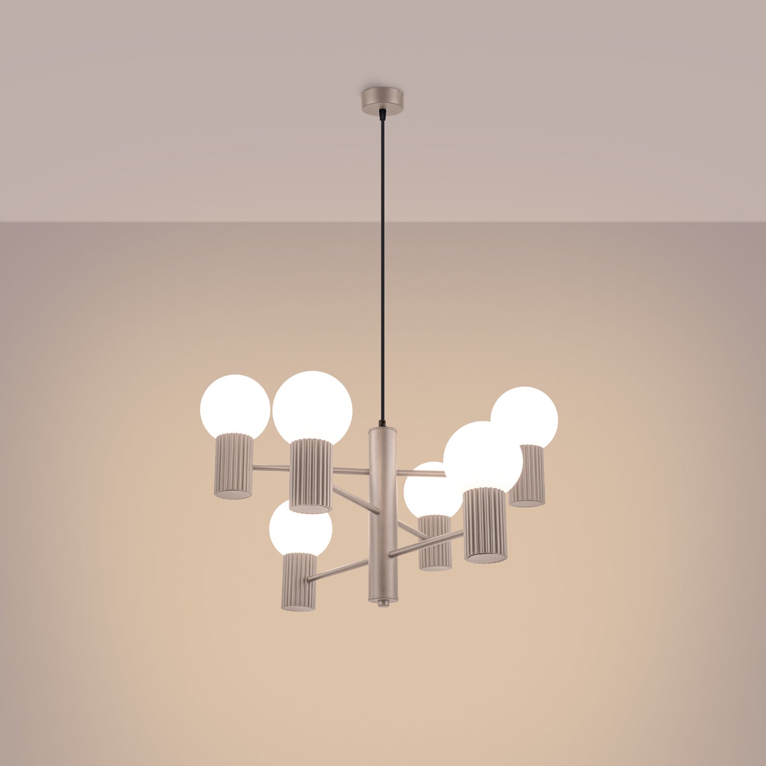 Taupe 6 Light Glass Globe Chandelier switched on in modern UK home interior, warm LED glow