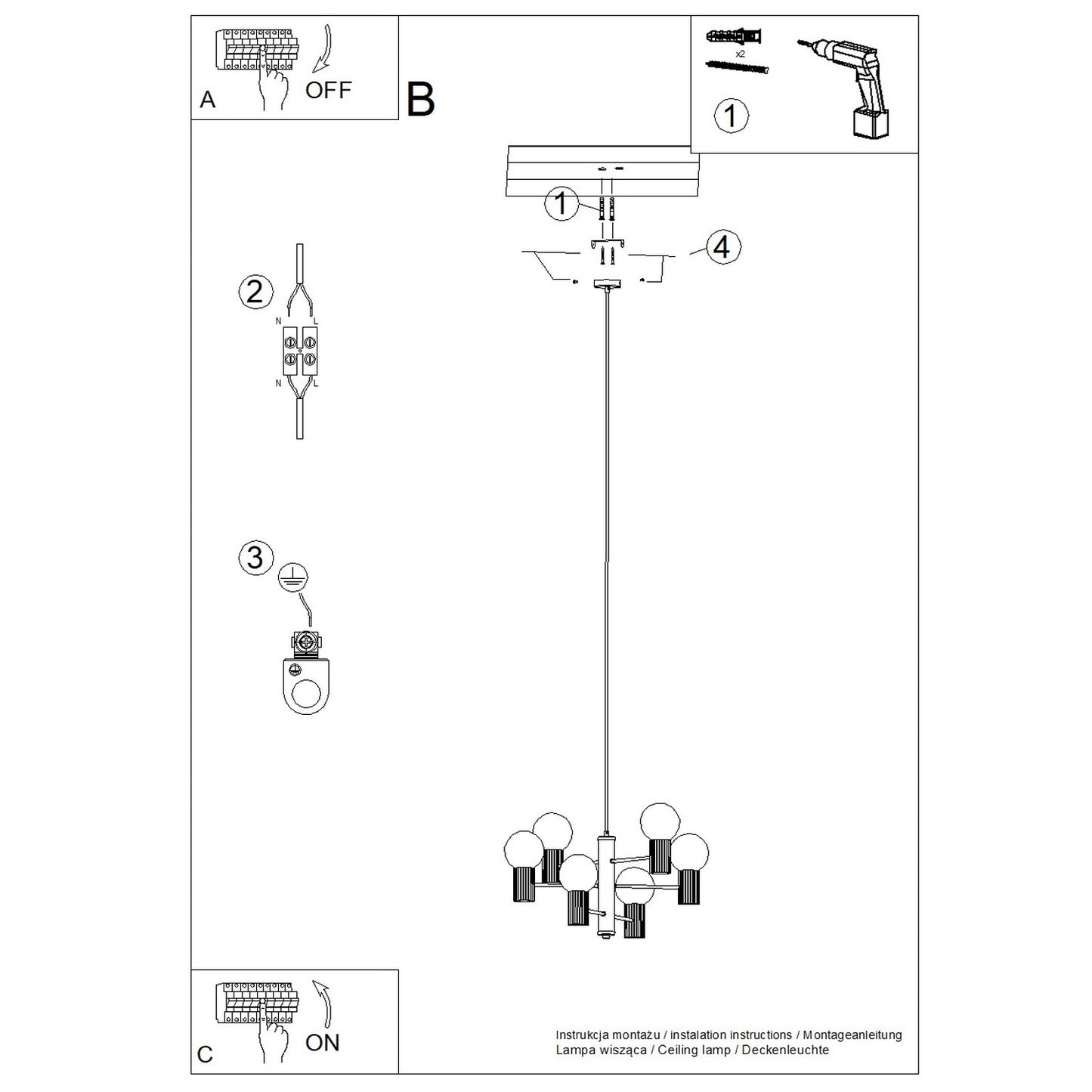 White 6 Light Glass Globe Chandelier technical view and dimensions reference