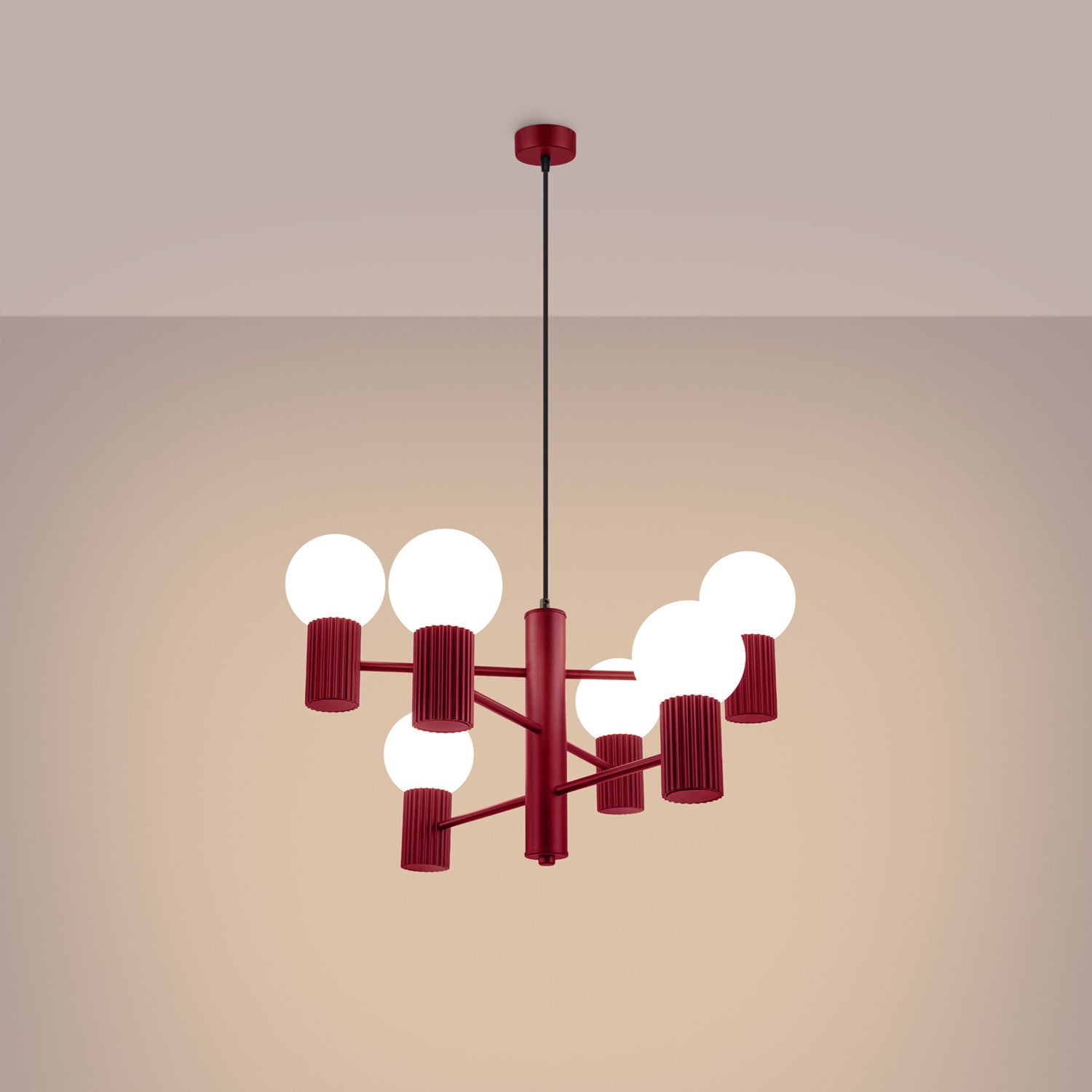 Burgundy 6 Light Glass Globe Chandelier switched on in modern UK home interior, warm LED glow