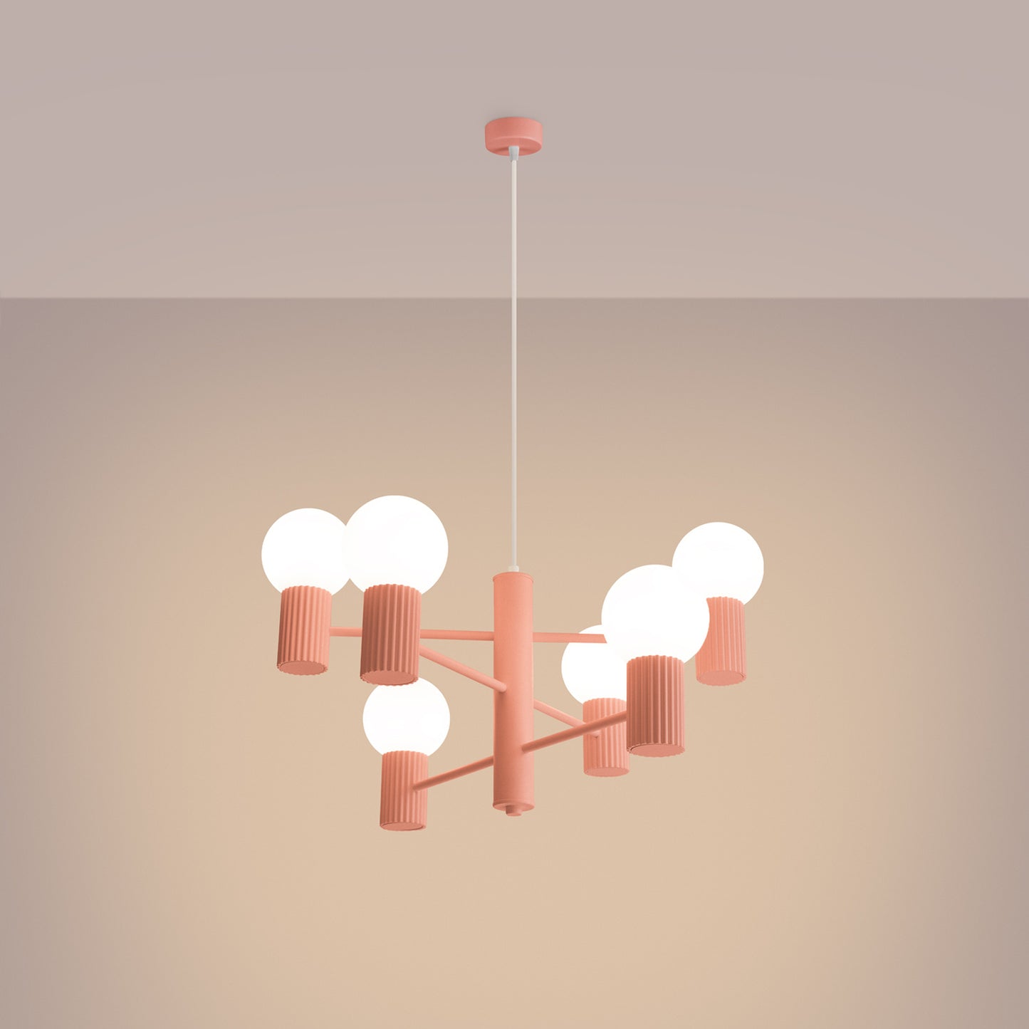 Peach 6 Light Glass Globe Chandelier switched on in modern UK home interior, warm LED glow