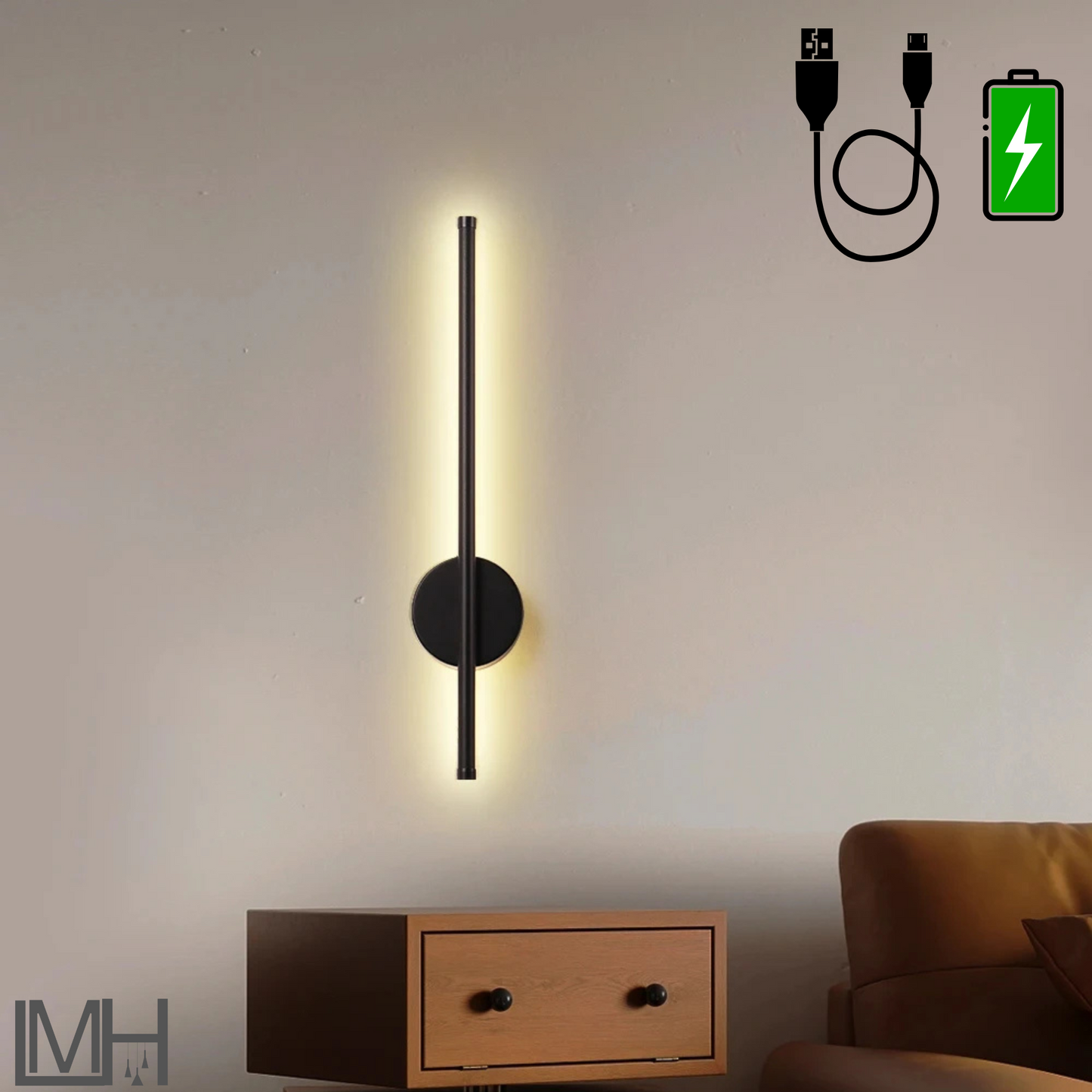 battery-operated, rechargeable wall light in black