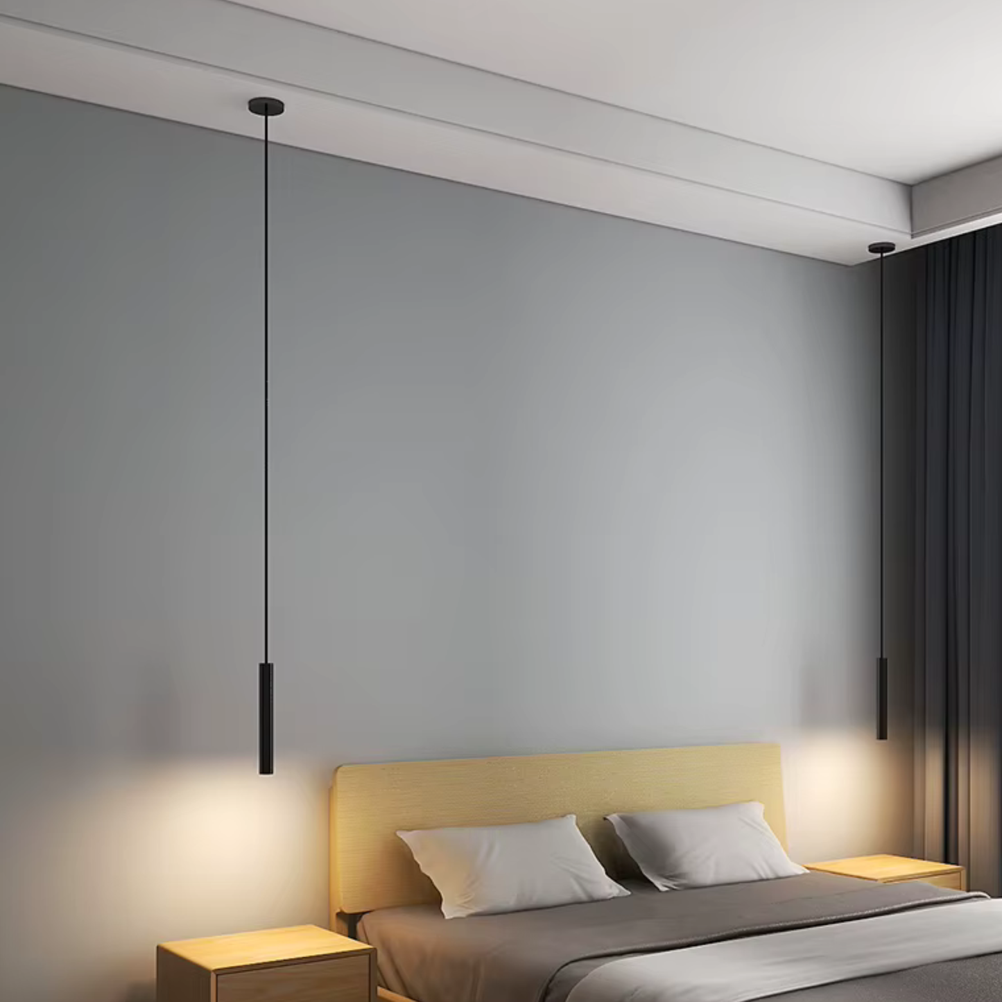 Modern bedroom with a bed, nightstands, and black pendant lights against a gray wall.