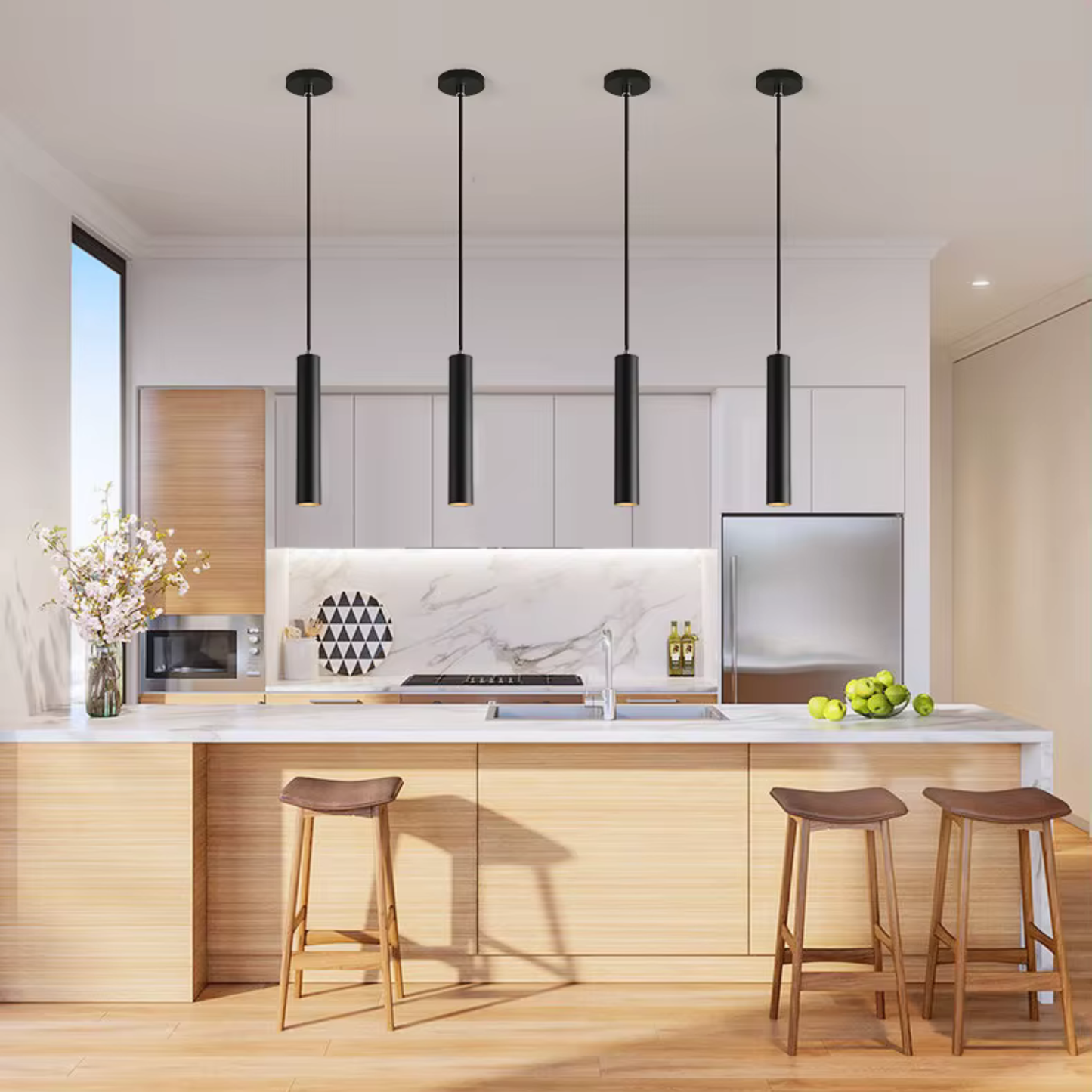 Modern kitchen with black pendant lights, marble countertop, and wooden stools.
