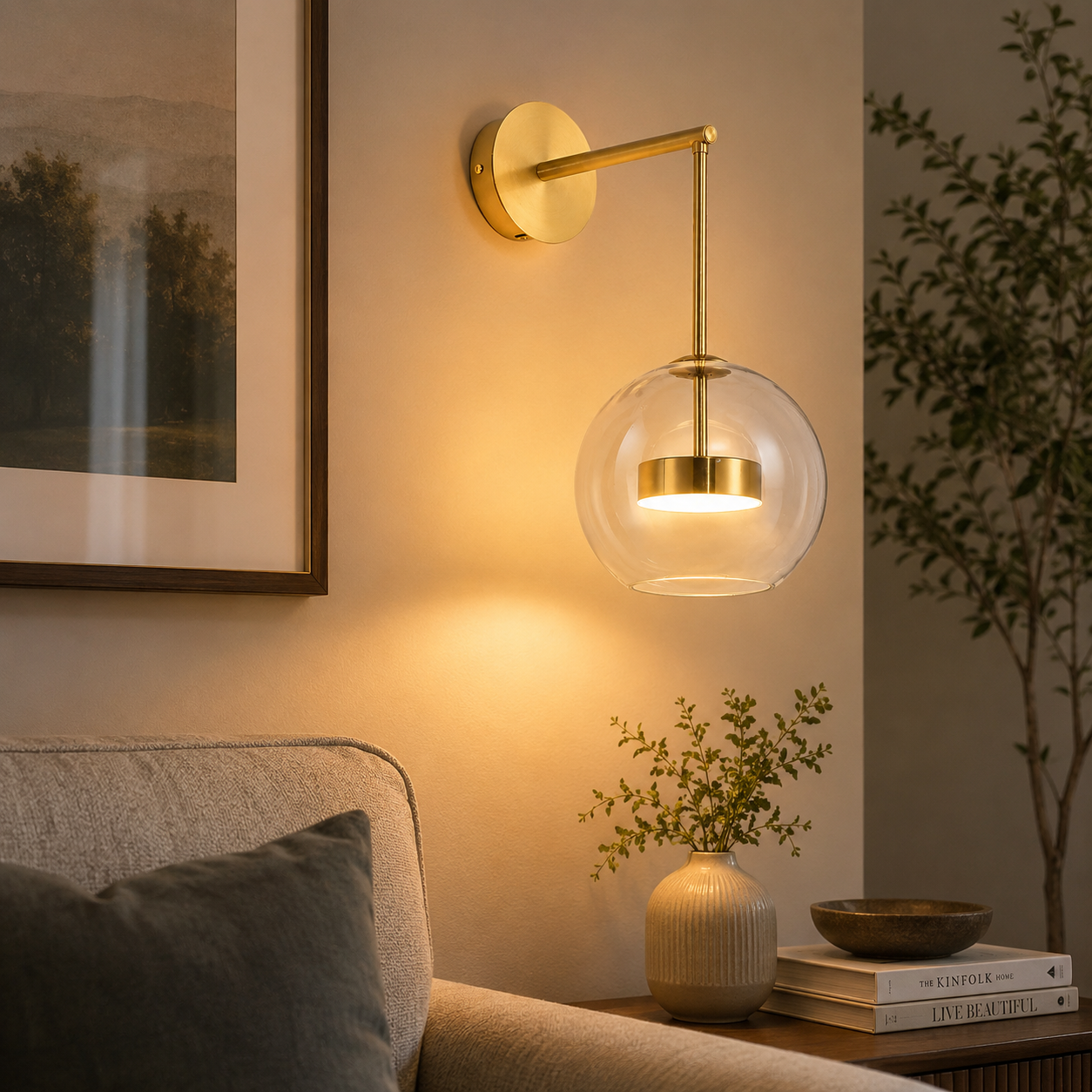 Modern wall sconce with glass shade in a cozy living room setting.