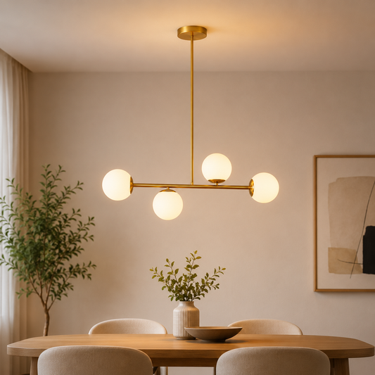 Gold 4 Opal Globe Cluster Ceiling Light front view showing complete design, finish and proportions