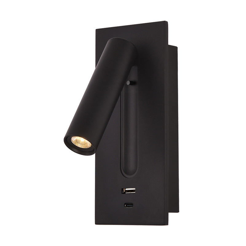 Black wall-mounted light fixture with USB charging port on a white background
