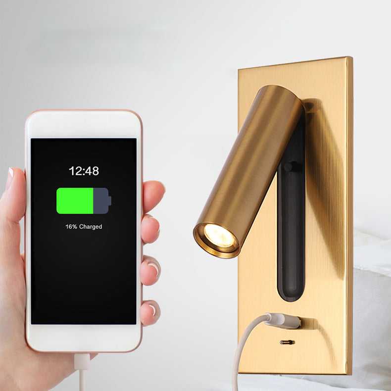Light-on Golden Reading Wall Light with Switch and USB Charger charging a cellphone for Bedroom