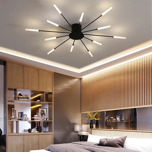 Gold Webster Flush Mount Chandelier with starburst design, perfect for dining rooms, hallways, and living rooms