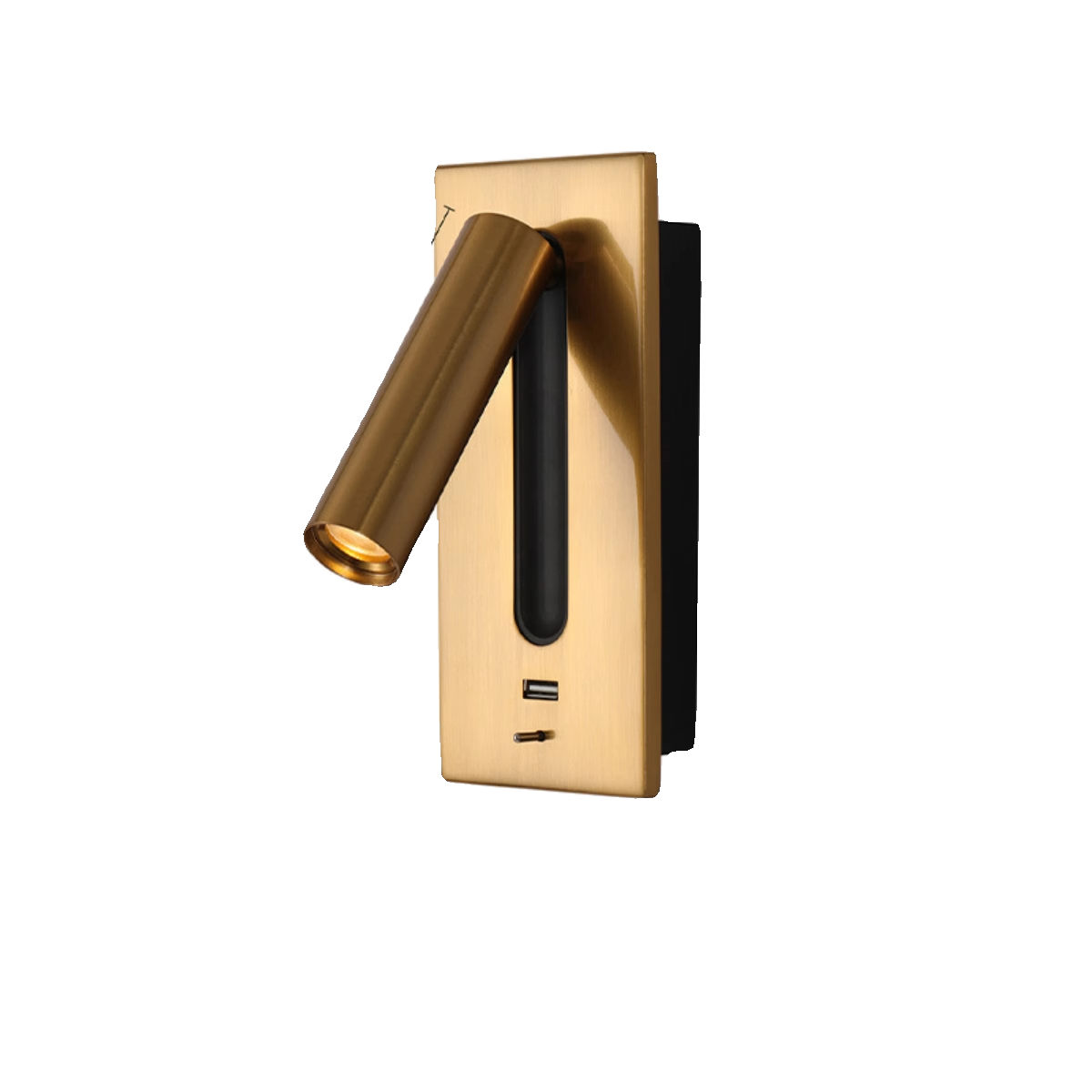 Gold wall-mounted light fixture on a white background with USB charger and switch. Adjustable and rotatable 