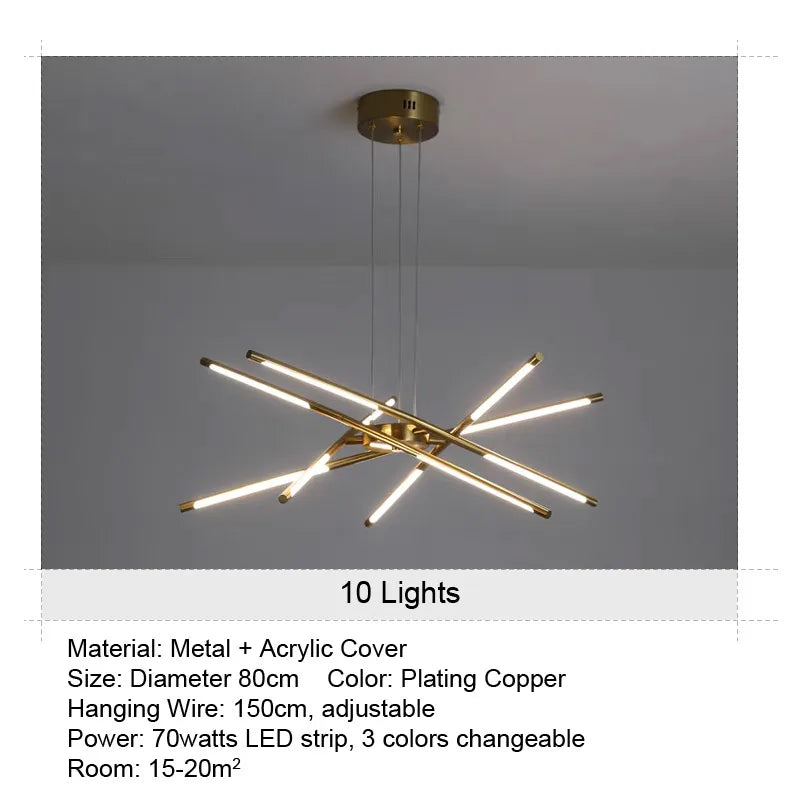 Golden Chrome Ten-Tube Chandelier Ceiling Light for Dining Room, Hallway, and Living Room with Information