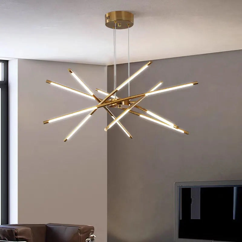 Close-up Golden Chrome Tube Chandelier Ceiling Light with White Cord for Dinning Room, Hallway and Living Room