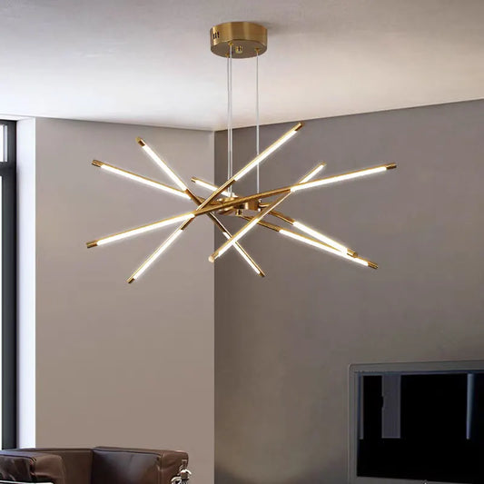 Golden Chrome Tube Chandelier Ceiling Light with White Cord for Dinning Room, Hallway and Living Room