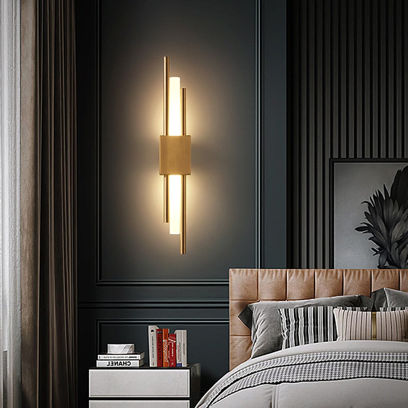 Golden Left Emporium LED Glass Wall Lamp for Kitchen, Dining Room, Living Room, and Bedroom placed near the bed