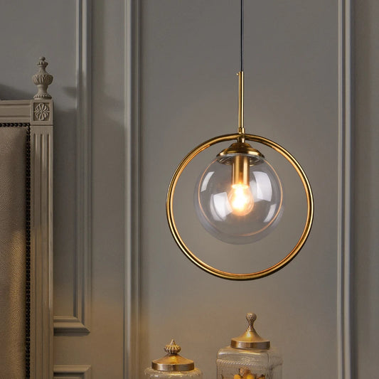 Light-on Smoked Glass Globe Sizzle Pendant Ceiling Light with Gold-ring for Bathroom, Bedroom, Dining Room, Hallway and Living Room