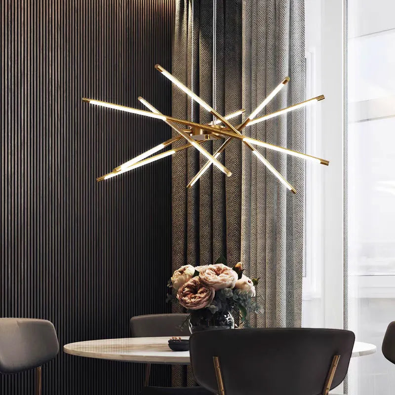 Lights-on Golden Chrome Tube Chandelier Ceiling Light with White Cord for Dinning Room, Hallway and Living Room