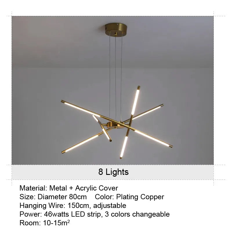 Golden Chrome Eight-Tube Chandelier Ceiling Light for Dining Room, Hallway, and Living Room with Information