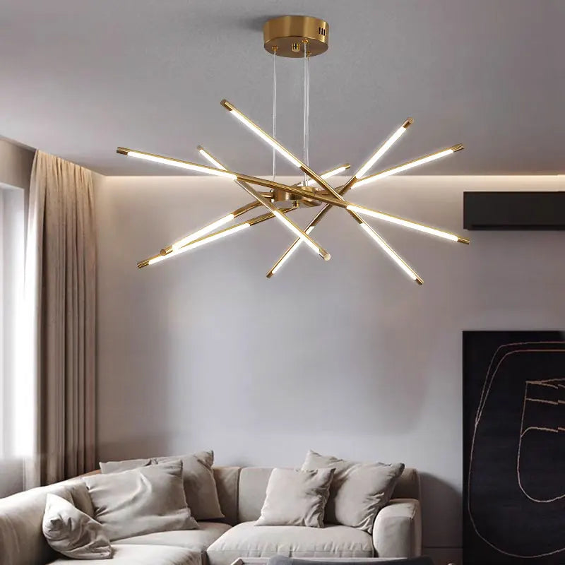Golden Chrome Tube Chandelier Ceiling Light with White Cord for Dinning Room, Hallway and Living Room
