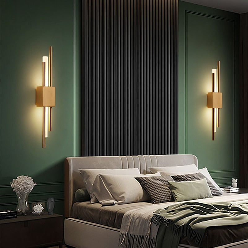 Set of 2 Golden Right Emporium LED Glass Wall Lamp for Kitchen, Dining Room, Living Room, and Bedroom placed alongside the bed