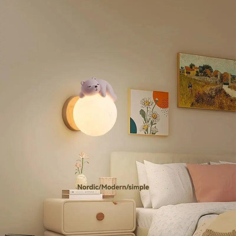 Bear and moon wall light in kids room
