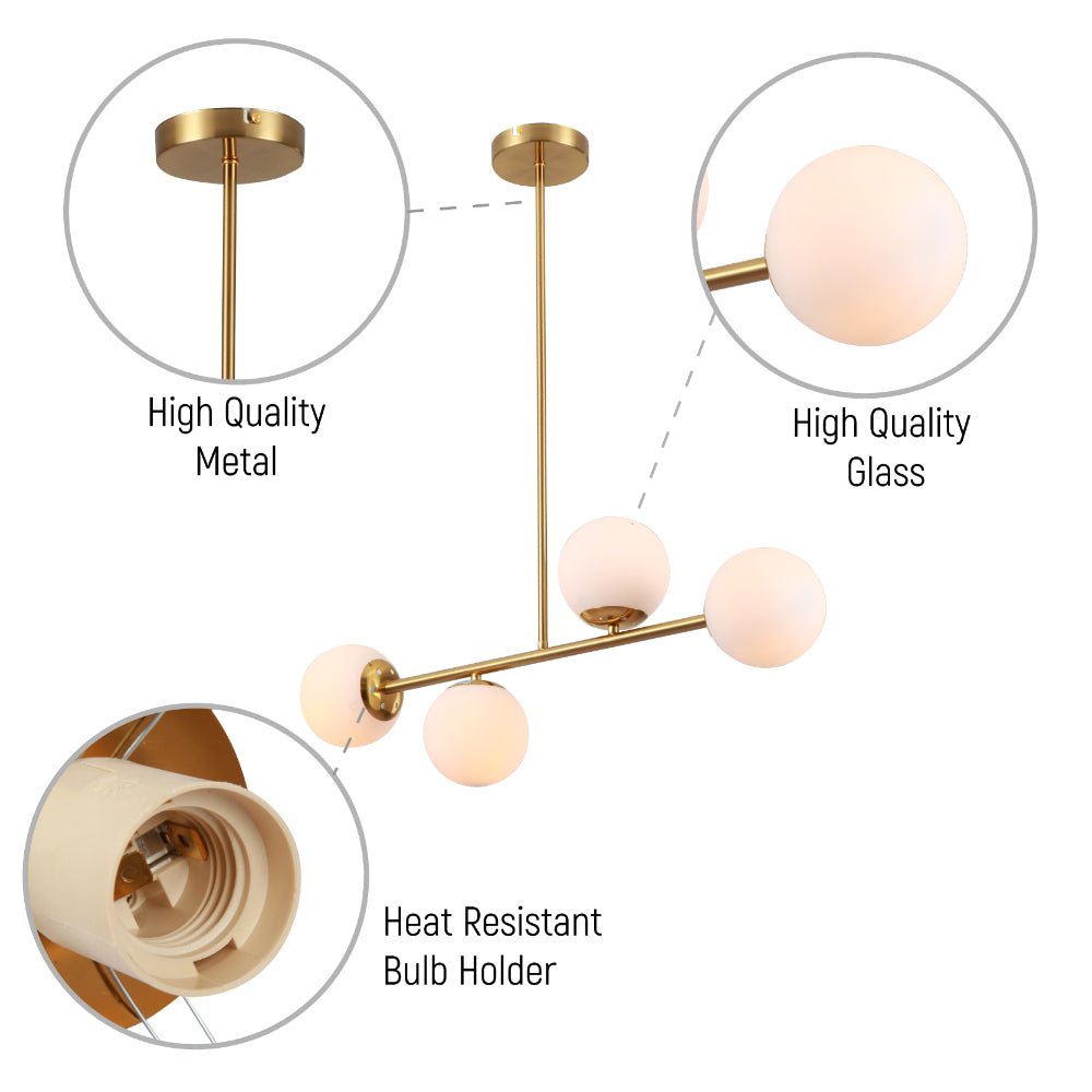 Close up detail of gold 4 Opal Globe Cluster Ceiling Light showing premium finish, material texture and bulb fitting