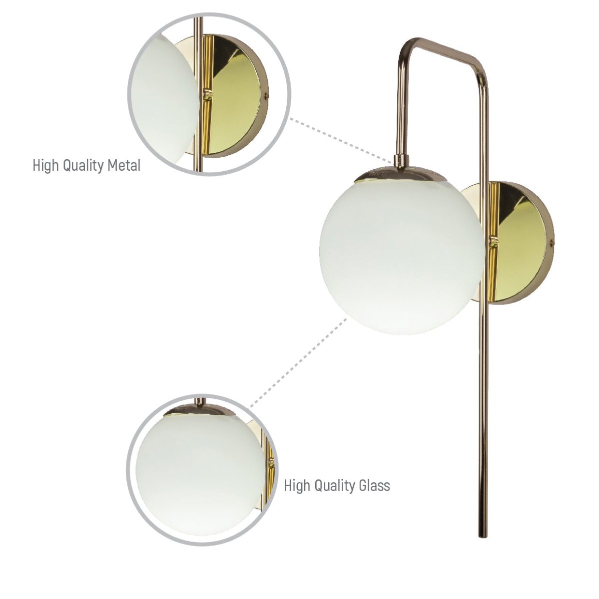 Close up detail of Opal Globe Bedside Wall Light showing premium finish, material texture and bulb fitting