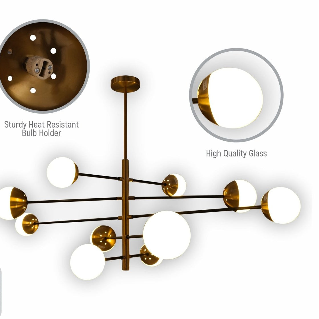 Close up detail of gold 10 Opal Globe Nordic Chandelier showing premium finish, material texture and bulb fitting