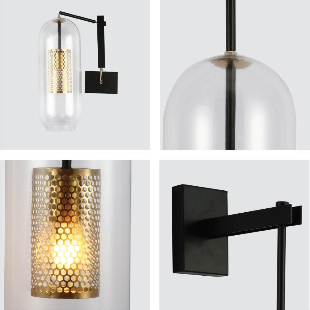 Close up detail of black Cylinder Cage Wall Light showing premium finish, material texture and bulb fitting