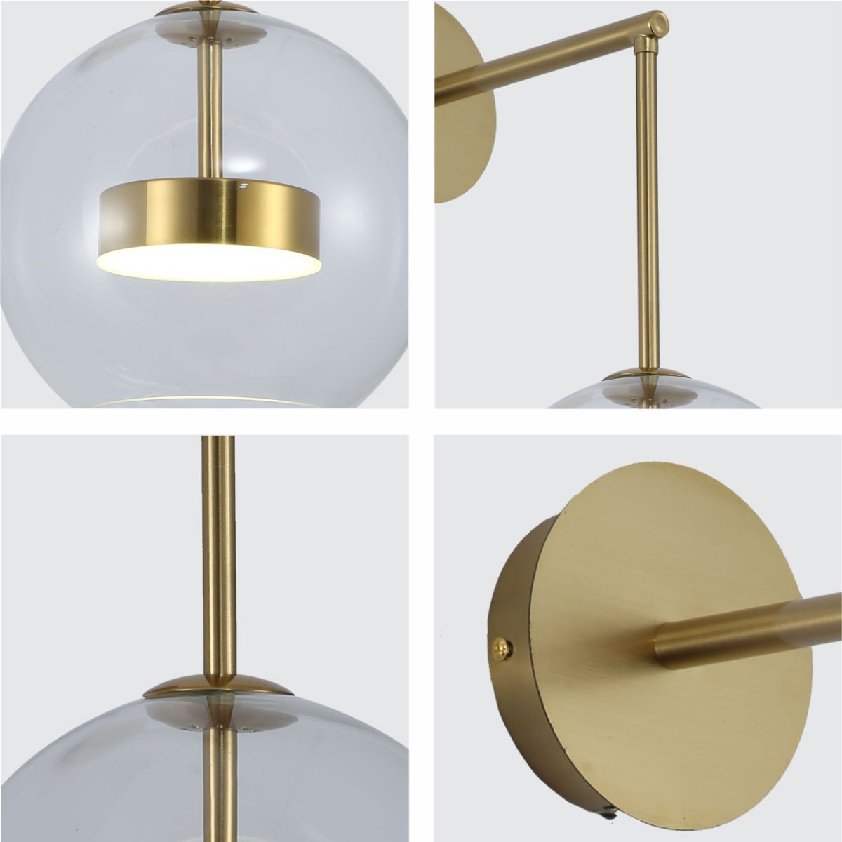 Close up detail of gold Clear Globe L Arm Wall Light showing premium finish, material texture and bulb fitting