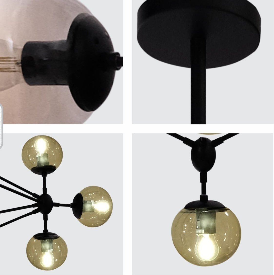 Close up detail of black rod 10 Amber Globe Molecule Chandelier showing premium finish, material texture and bulb fitting