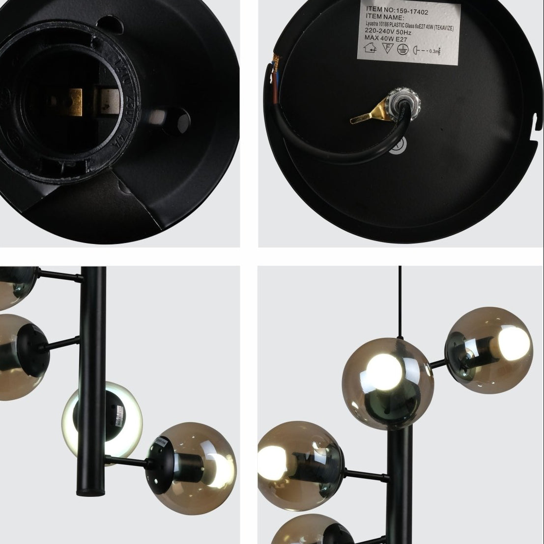 Close up detail of black Spiral 6 Globe Sputnik Chandelier showing premium finish, material texture and bulb fitting