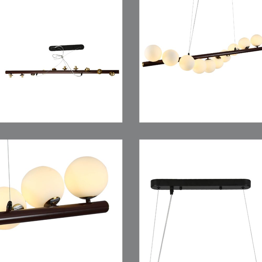 Close up detail of walnut wood 10 Opal Globe Linear Bar Chandelier showing premium finish, material texture and bulb fitting