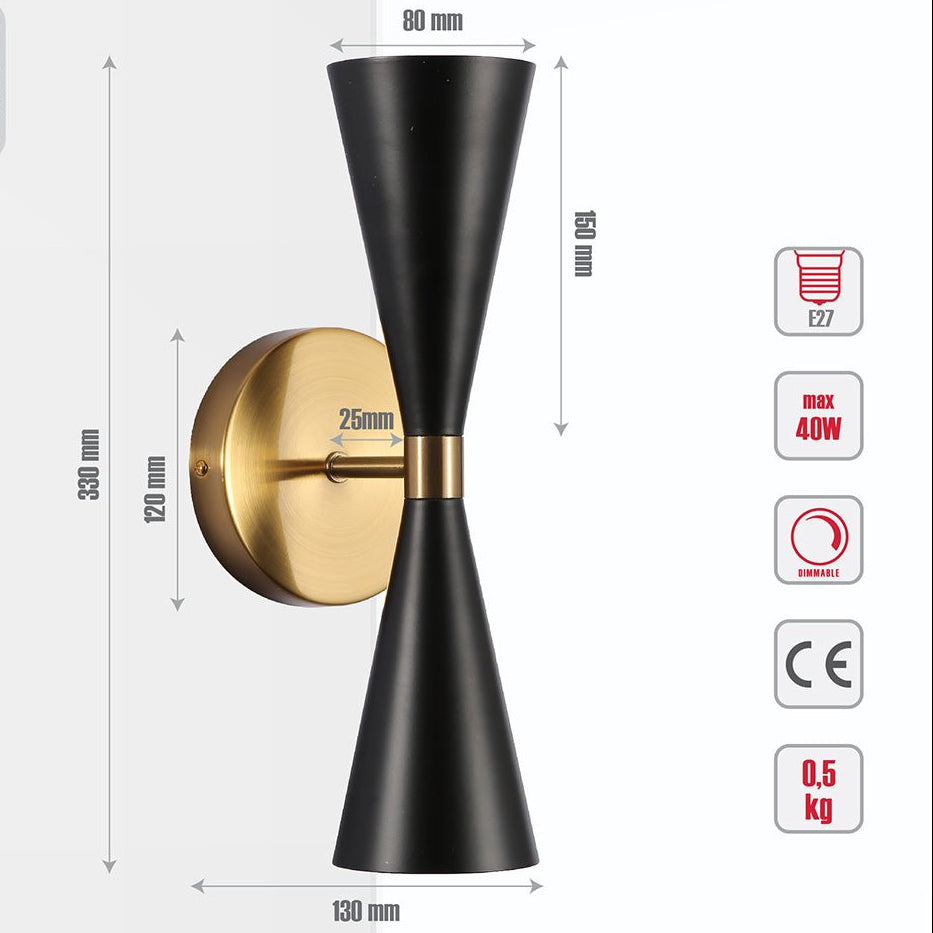 Twin Cone Up Down Wall Light dimensions diagram with precise millimeter measurements and product specifications