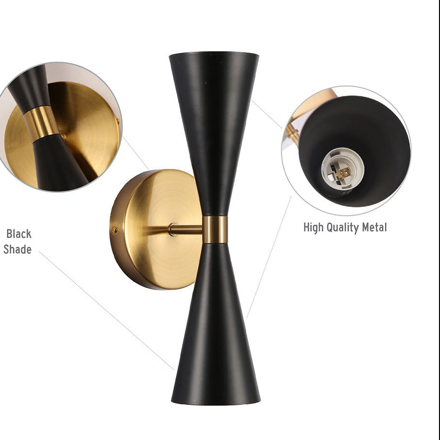 Black Twin Cone Up Down Wall Light product photograph showing design detail and finish