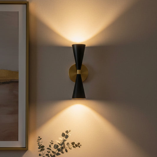 Black Twin Cone Up Down Wall Light front view showing complete design, finish and proportions