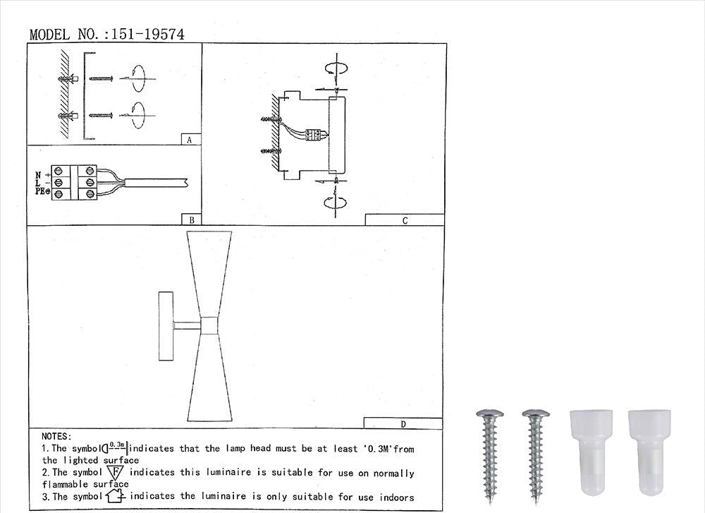 Twin Cone Up Down Wall Light installation diagram showing assembly and wiring instructions