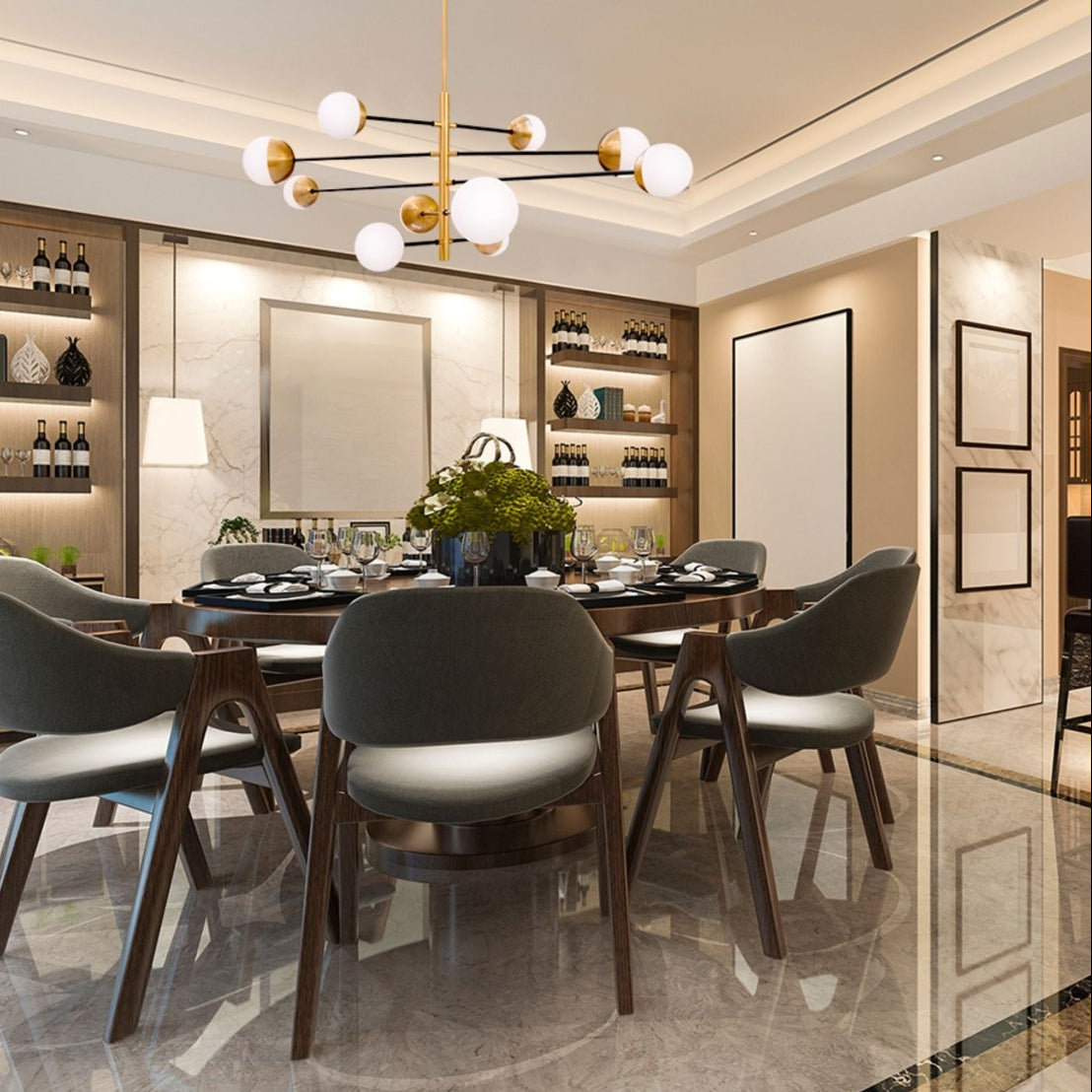Gold 10 Opal Globe Nordic Chandelier installed in modern UK home interior with warm LED glow, contemporary lighting design