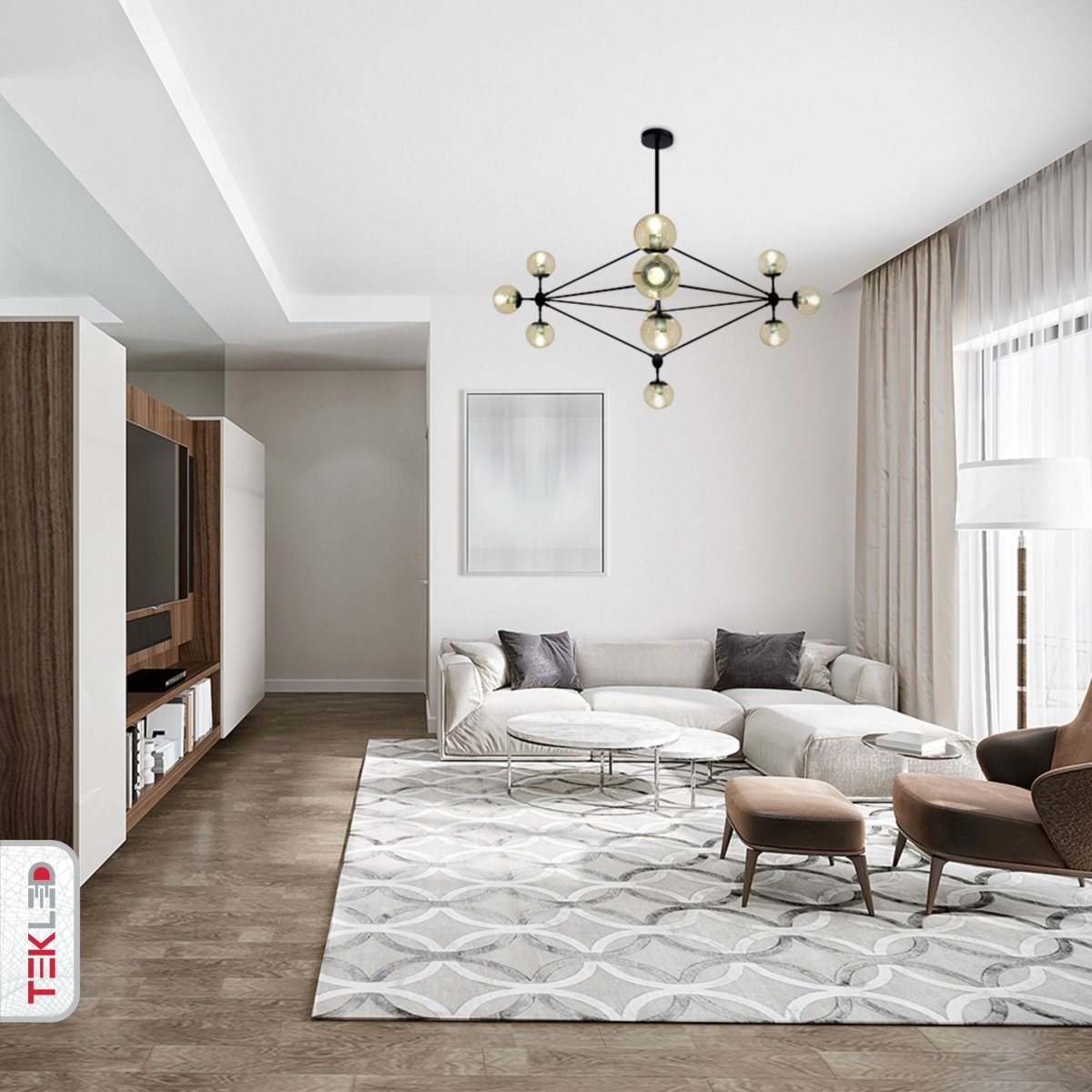 Black Rod 10 Amber Globe Molecule Chandelier installed in modern UK home interior with warm LED glow, contemporary lighting design