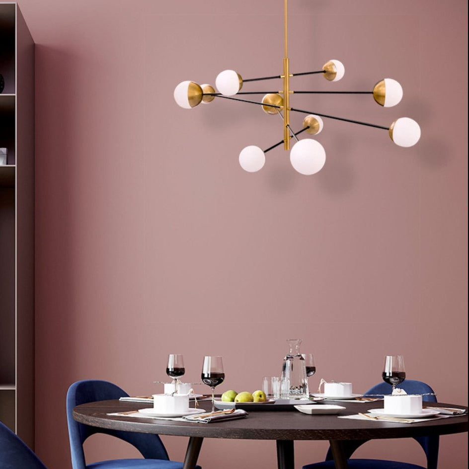 Gold 10 Opal Globe Nordic Chandelier installed in modern UK home interior with warm LED glow, contemporary lighting design